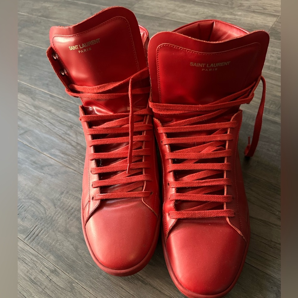 SAINT LAURENT RED Leather HIGH-TOP Sneakers Shoes EU-47 US-13.5-14